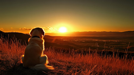 A golden retriever dog rests quietly on a grassy hill, gazing at the vibrant sunset illuminating the valley below. This serene moment captures the beauty of nature and the bond between pets and their environment.の素材