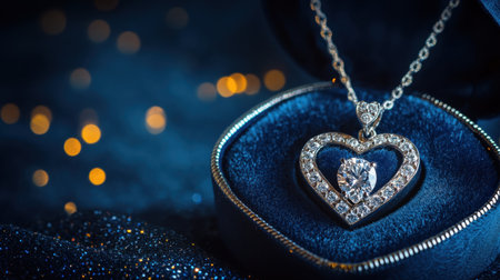 This stunning heart-shaped pendant necklace features a brilliant diamond centerpiece surrounded by sparkling crystals, elegantly displayed in a blue velvet jewelry box.の素材