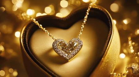 This stunning image showcases a heart-shaped gold necklace adorned with sparkling gemstones, elegantly presented in a luxurious golden box, perfect for gifting.の素材
