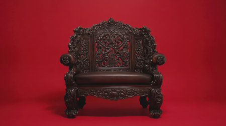 A beautifully crafted antique wooden chair featuring intricate carvings and rich dark tones, set against a vivid red backdrop, perfect for interior design inspiration.の素材