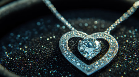 Exquisite heart-shaped diamond necklace featuring a central sparkling stone surrounded by smaller diamonds, elegantly displayed on a dark textured background.の素材