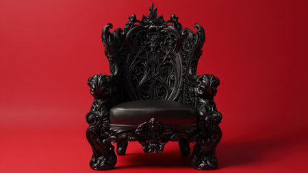 A stunning black throne showcasing intricate carvings and a luxurious leather seat, set against a bold red backdrop, perfect for adding elegance to any space.の素材