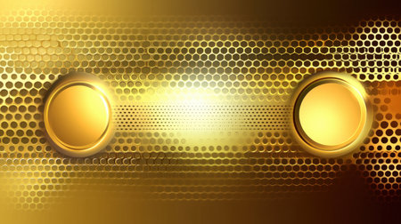 This elegant golden background features a honeycomb pattern with a smooth gradient and two circular highlights, perfect for various design projects.の素材