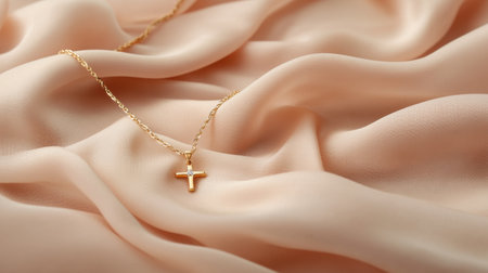 A stunning gold cross pendant necklace rests gracefully on soft beige satin fabric, highlighting its elegance and minimalistic design for a luxurious touch.の素材