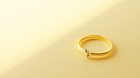 This elegant gold ring features a striking star-shaped embellishment, beautifully set against a soft golden background, perfect for jewelry promotion.の素材