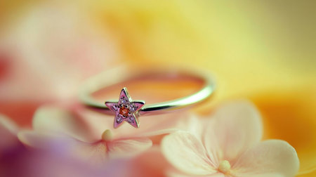 A stunning close-up of a silver ring featuring a star-shaped design with a vibrant gemstone, set against a dreamy floral background that radiates elegance.の素材