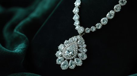 This exquisite diamond necklace features a beautiful arrangement of pear-shaped and round-cut stones, showcasing luxury and elegance against a dark backdrop.の素材