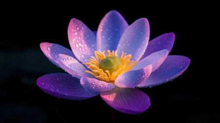A breathtaking close-up of a vibrant water lily showcasing delicate petals adorned with dewdrops reflecting sunlight on a dark backdrop. Perfect for nature lovers.の素材