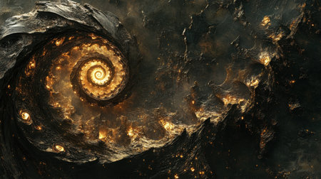 A mesmerizing view of swirling cosmic patterns and textures featuring a striking spiral design. Glowing embers contrast with dark elements, evoking a sense of mystery and exploration. Perfect for artistic projects, backgrounds, or visual inspiration.の素材