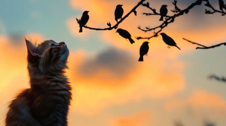A charming scene of a cat gazing up at silhouetted birds perched on a branch during a colorful sunset, capturing a moment of curiosity and tranquility.の素材