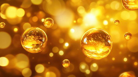 A captivating image showcasing golden bubbles floating gracefully above a bright, blurred background filled with sparkling effects, evoking a sense of elegance and joy.の素材
