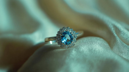 A breathtaking blue gemstone ring in a floral setting featuring shimmering diamonds, resting on luxurious silky fabric, perfect for celebrating special moments.の素材