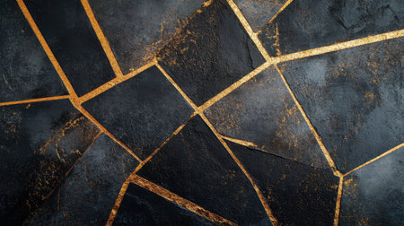 This striking image features a textured black surface interspersed with elegant gold lines and cracks, creating a modern and luxurious aesthetic, perfect for artistic projects.の素材