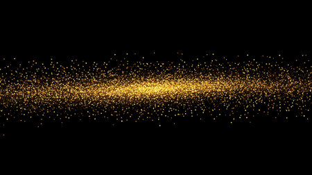 Captivating golden glitter particles scatter across a black background, creating a stunning visual effect perfect for festive designs and artistic projects.の素材