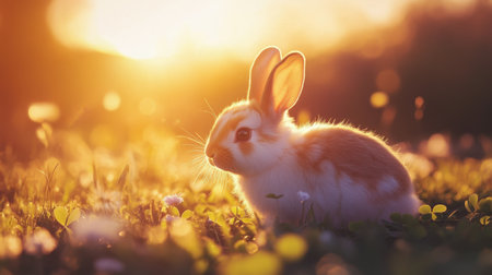 A charming rabbit in a serene meadow during sunset, surrounded by blooming flowers and warm golden light. This peaceful scene captures the beauty of nature.の素材
