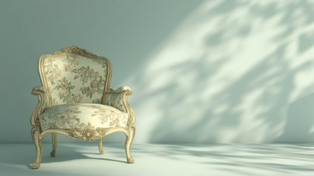 This vintage ornate armchair features exquisite floral upholstery, set against a neutral background. Shadow play adds depth and warmth to a chic interior space.の素材