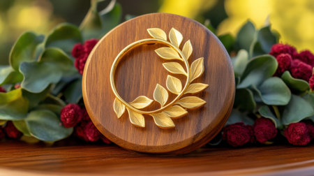 This captivating image features a gold leaf wreath set on a smooth wooden base, accentuated by lush greenery and vibrant red berries, creating a warm and elegant atmosphere.の素材
