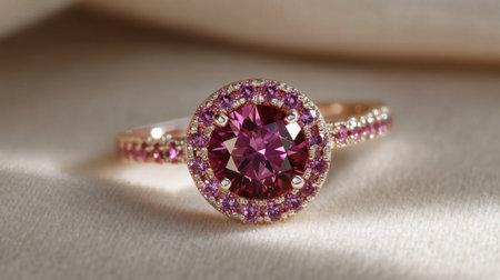 This stunning pink ring features a round center stone elegantly surrounded by shimmering gemstones on a delicate band, perfect for special occasions.の素材