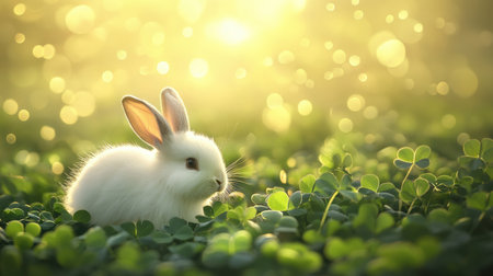 A cute fluffy rabbit is peacefully sitting on a lush green clover field, surrounded by soft golden sunlight and bokeh, capturing a serene spring moment.の素材