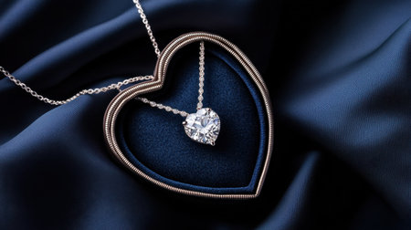 This captivating heart-shaped jewelry pendant showcases a brilliant diamond on a luxurious dark blue satin fabric, perfect for elegant occasions.の素材