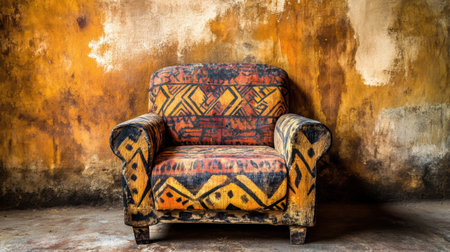 A vintage armchair featuring vibrant patterns stands against a distressed wall, creating an artistic interior scene that blends comfort with historic charm.の素材