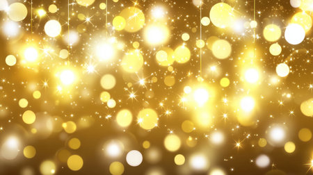 A stunning golden background featuring sparkling lights and shimmering circles creates a festive and joyful ambiance, perfect for celebrations and events.の素材