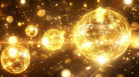 This mesmerizing abstract illustration features glowing golden spheres set against a cosmic backdrop, filled with sparkling particles and radiant light.の素材