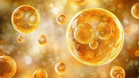 This stunning image depicts abstract golden bubbles gracefully floating in a luminous setting. The warm glow and shimmering effects create a dreamy and ethereal atmosphere perfect for various creative projects.の素材