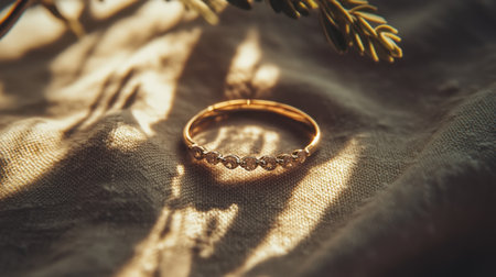 A stunning gold ring featuring delicate diamonds, beautifully captured on textured fabric. The warm, soft light creates a romantic atmosphere, perfect for showcasing luxury and elegance.の素材