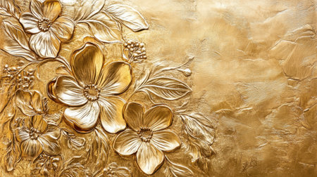 Stunning golden floral relief design showcases intricate blossoms and delicate leaves, offering an elegant touch for any decorative project or art display.の素材