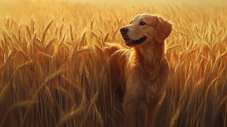 A golden retriever stands joyfully in a wheat field, basking in the warm light of sunset. The soft focus captures a serene and tranquil moment in nature.の素材