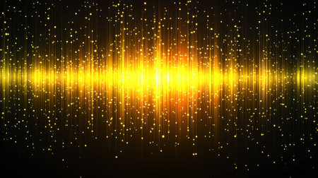 This captivating image features a vibrant golden sound wave design with glowing particles on a dark background, perfect for music and artistic themes.の素材