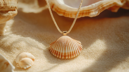 A beautifully crafted seashell pendant hangs elegantly on a silver chain, resting on fine sandy beach. The warm sunlight highlights its natural beauty, making it an ideal accessory.の素材