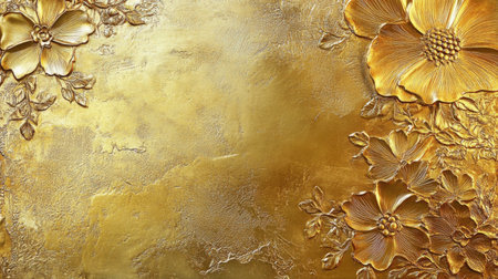 A stunning golden background featuring embossed floral designs, perfect for creative projects. This elegant texture adds a touch of luxury and artistry.の素材