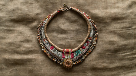 An intricate handmade necklace featuring vibrant beads of various colors and textures, elegantly displayed on a rustic fabric background. Perfect for showcasing unique style.の素材
