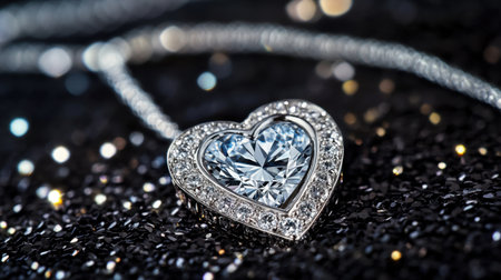 An exquisite heart-shaped diamond necklace resting on a shimmering black background, highlighting its beauty and elegance for jewelry enthusiasts.の素材