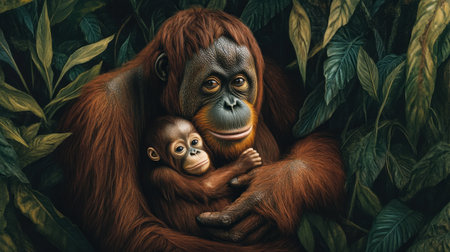 A touching scene featuring an orangutan mother lovingly holding her baby amidst lush green jungle foliage, showcasing the beauty of wildlife and nature.の素材