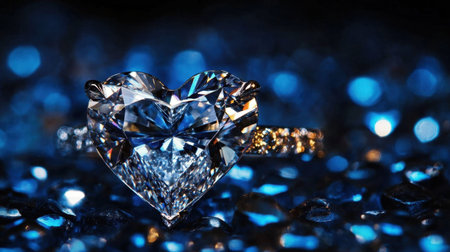 A breathtaking heart-shaped diamond ring against a shimmering blue backdrop captures elegance and romance. Perfect for special occasions or gifts.の素材