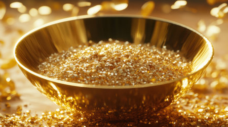 A stunning golden bowl filled with shimmering particles catches the light, creating a beautiful reflection. Surrounding the bowl are glimmering confetti pieces, enhancing the festive atmosphere. Perfect for images promoting luxury, celebration, and beauty.の素材
