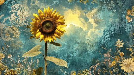 This stunning image features a vibrant sunflower standing tall against an artistic background filled with floral patterns and a bright, illuminating sky.の素材