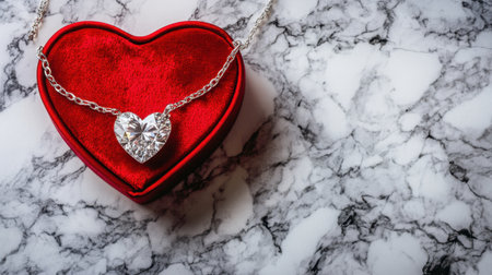 A captivating heart-shaped jewelry box in vibrant red velvet holding a dazzling silver necklace, set against a stunning marble surface, perfect for romantic gifts.の素材