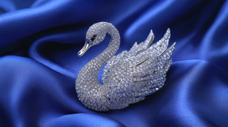 This captivating silver swan brooch features intricate details and sparkling gems, resting gracefully on a rich blue silk fabric, embodying elegance and luxury.の素材