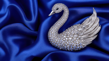 This stunning silver swan figurine, embellished with sparkling rhinestones, elegantly rests on rich blue satin, showcasing artistry and luxury.の素材