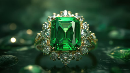 A stunning emerald ring featuring a central green gemstone surrounded by sparkling diamonds. This luxurious piece embodies elegance and sophistication, perfect for any special occasion.の素材