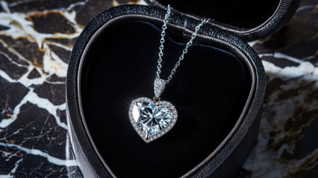 A stunning heart-shaped diamond pendant elegantly displayed in a luxurious black velvet box, resting on a beautiful marble surface. Perfect for gifting.の素材
