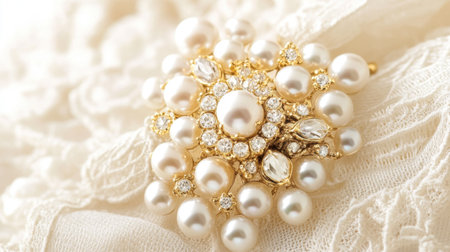This stunning vintage brooch features a beautiful arrangement of pearls and gemstones, resting on delicate lace fabric. Ideal for luxury fashion and wedding themes.の素材