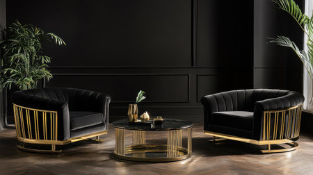 Discover a stunning black and gold living room furniture set, perfect for enhancing a modern and luxurious interior space with style and elegance.の素材