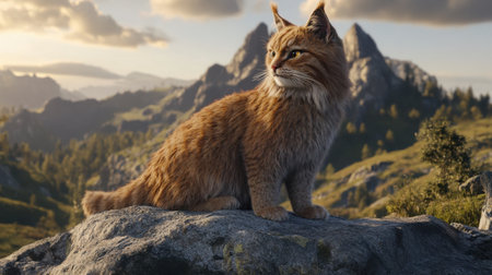 A stunning wild lynx stands gracefully on a rocky outcrop, gazing into the distance with a breathtaking mountain landscape and sunset behind it.の素材