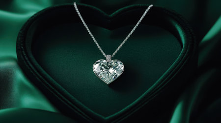 This stunning heart-shaped necklace shines brightly against a rich green satin background, perfect for showcasing elegance in jewelry promotions and advertisements.の素材