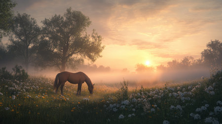 A serene morning landscape showcases a horse peacefully grazing in a sunlit meadow filled with delicate wildflowers, enveloped in soft fog.の素材